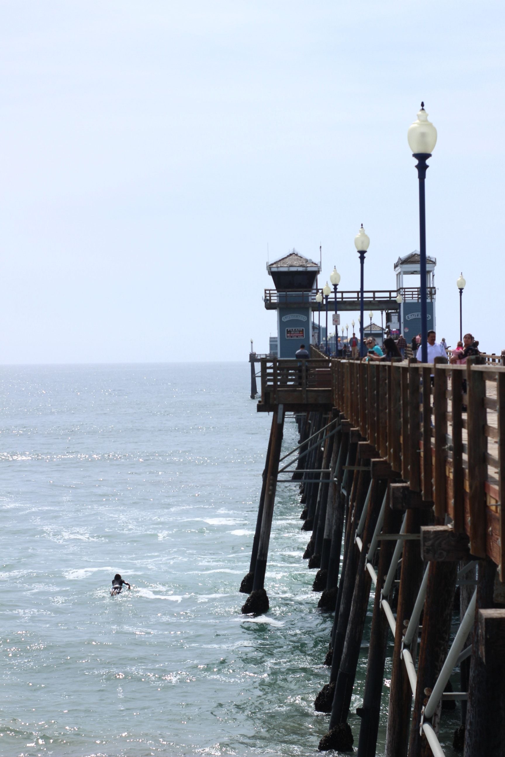 A wooden pier extending into the ocean with visitors below