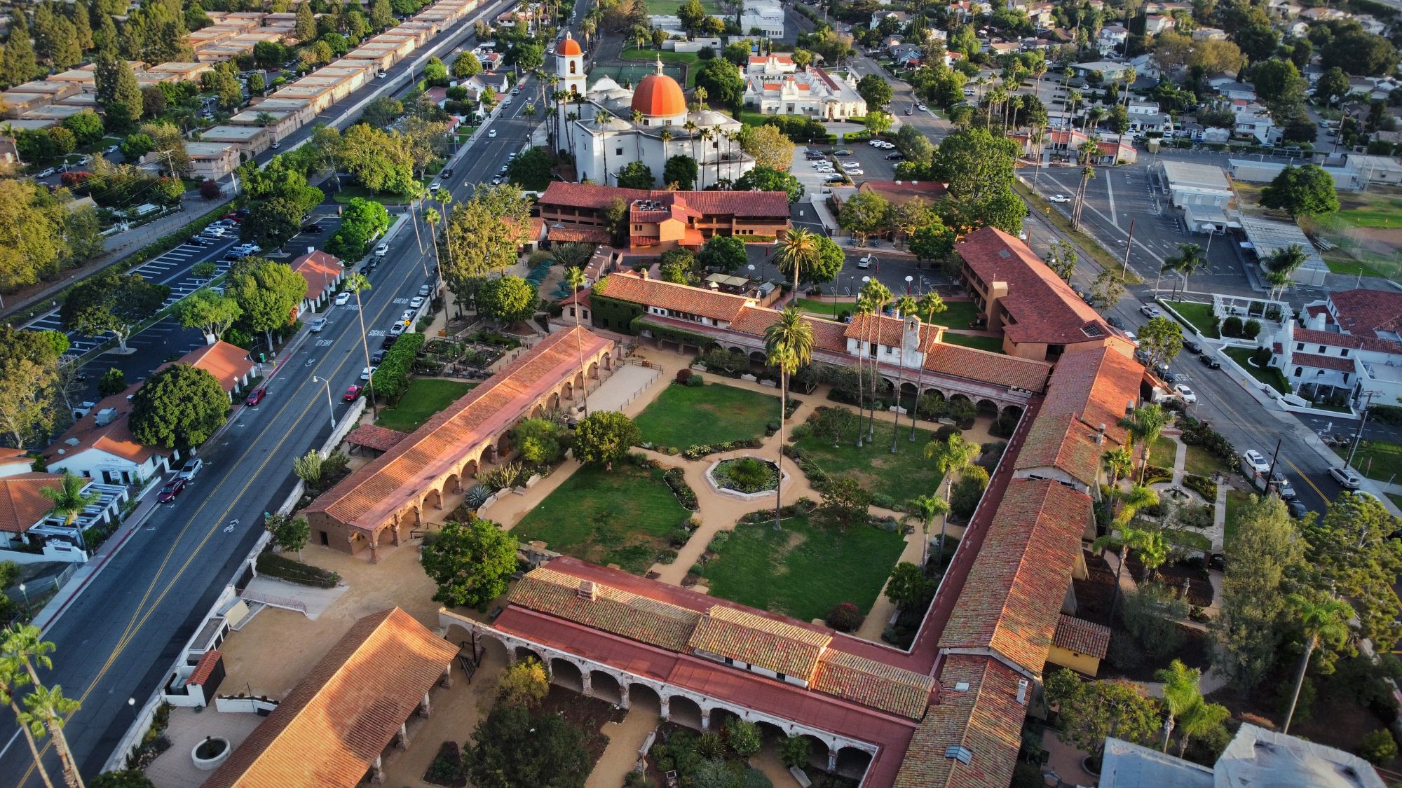 Aerial view of Mission San Juan Capistrano and its gardens