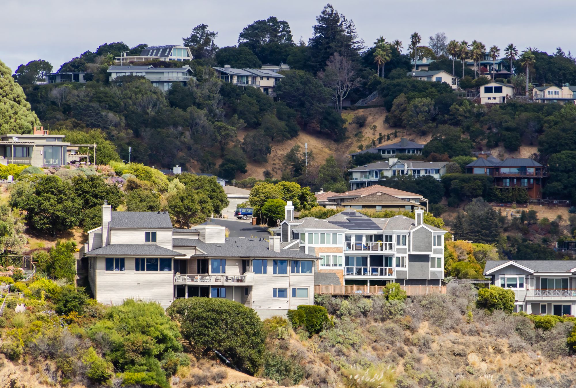 Modern homes built on a hillside slope