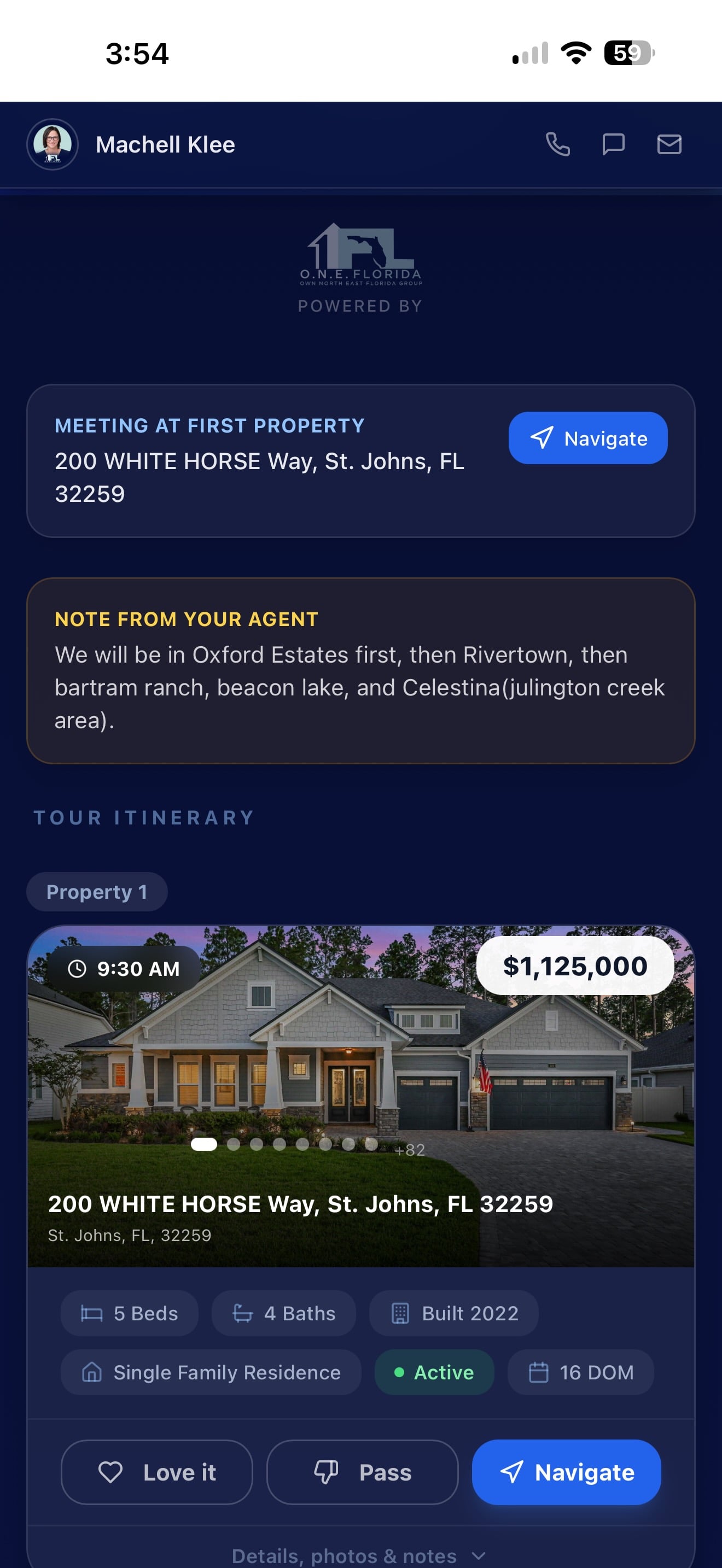O.N.E. Florida Group personalized buyer tour — live itinerary with agent notes, navigation, and Love It or Pass voting
