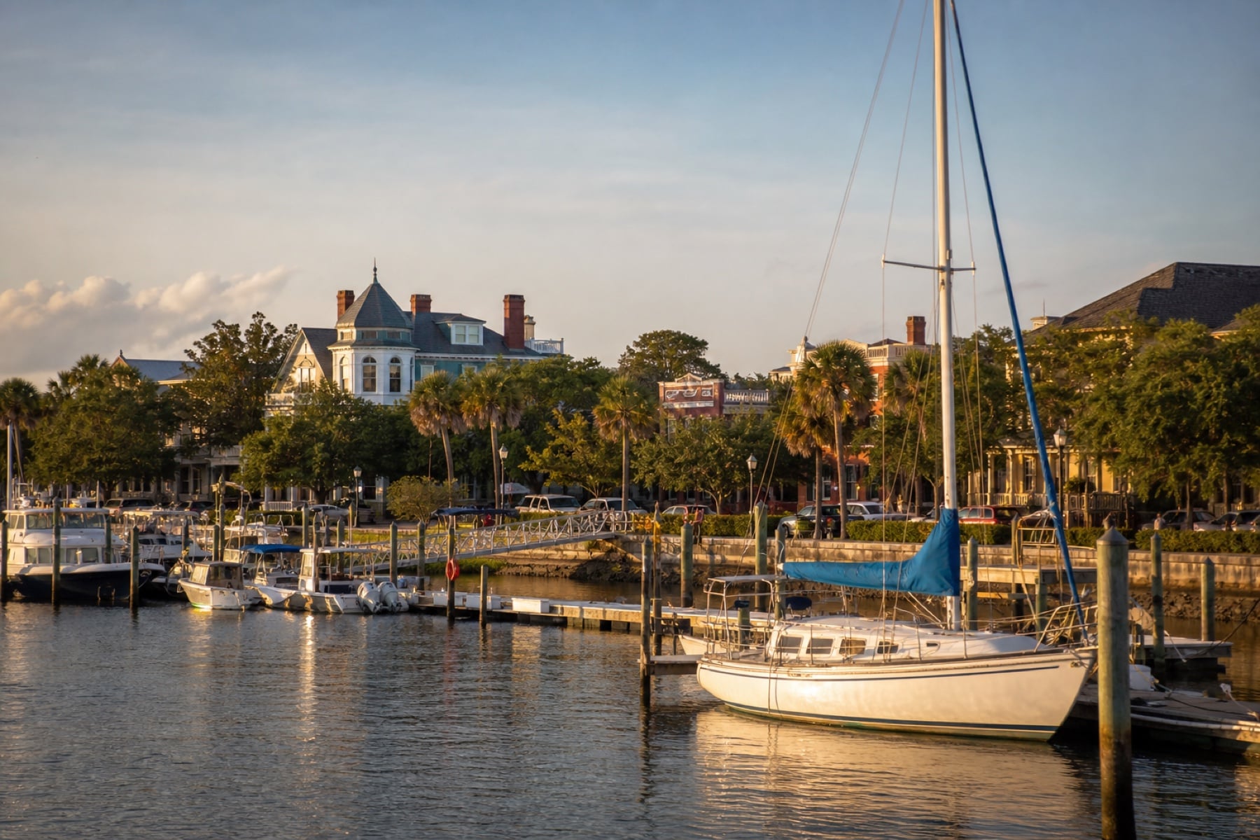 Marina and historic waterfront on Amelia Island at golden hour