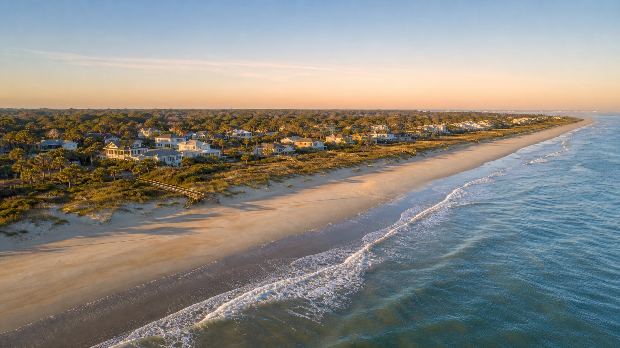 Amelia Island shoreline, dunes and coastal homes at sunrise