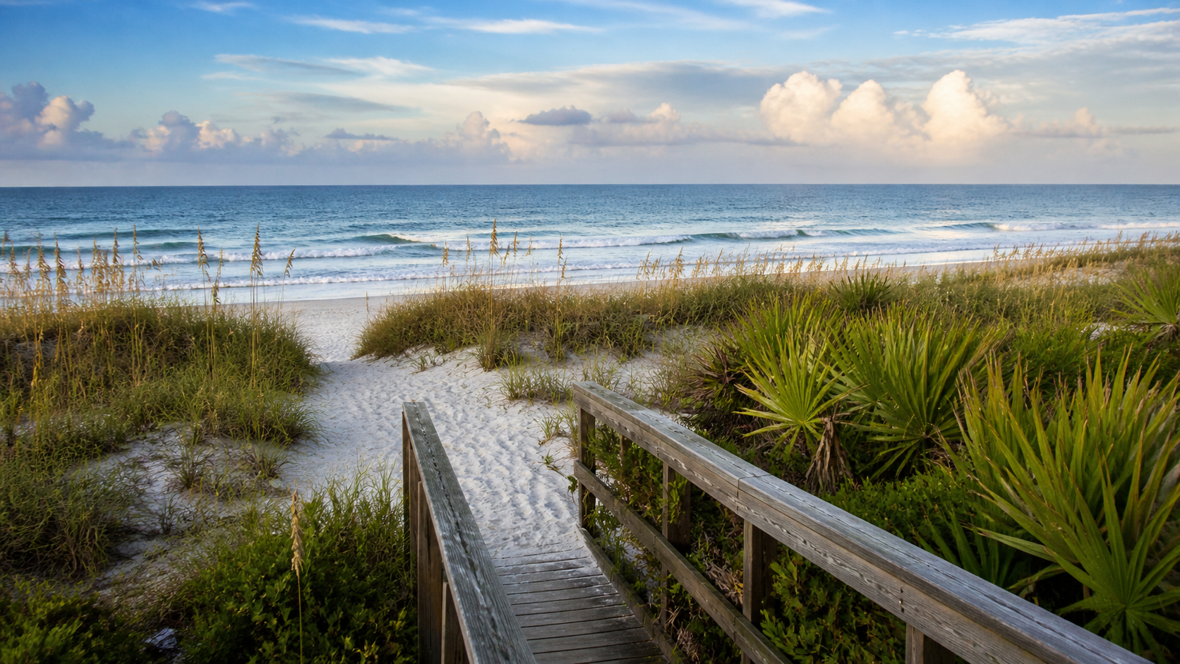 Illustrative coastal landscape near Anastasia State Park with sea-oat dunes and a wooden beach walkover