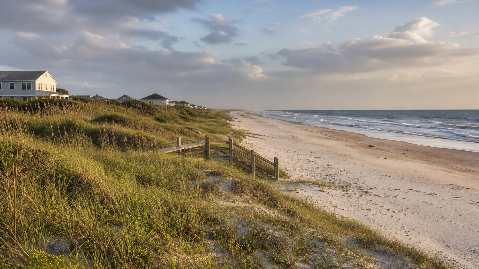 Illustrative Crescent Beach coastal landscape with low dunes, homes and Atlantic shoreline