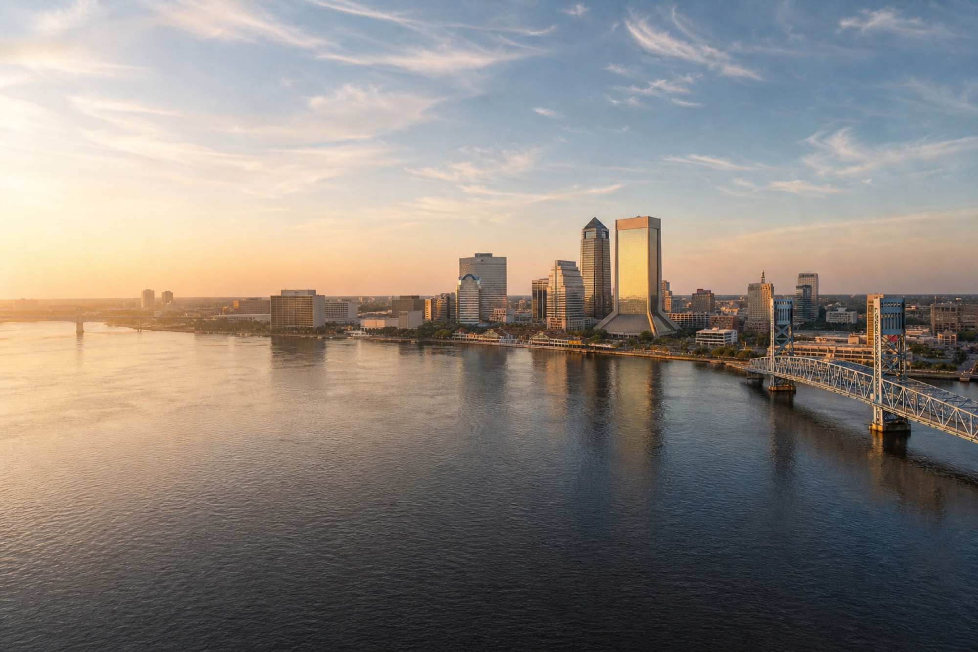 Downtown Jacksonville skyline and St. Johns River in Duval County at golden hour