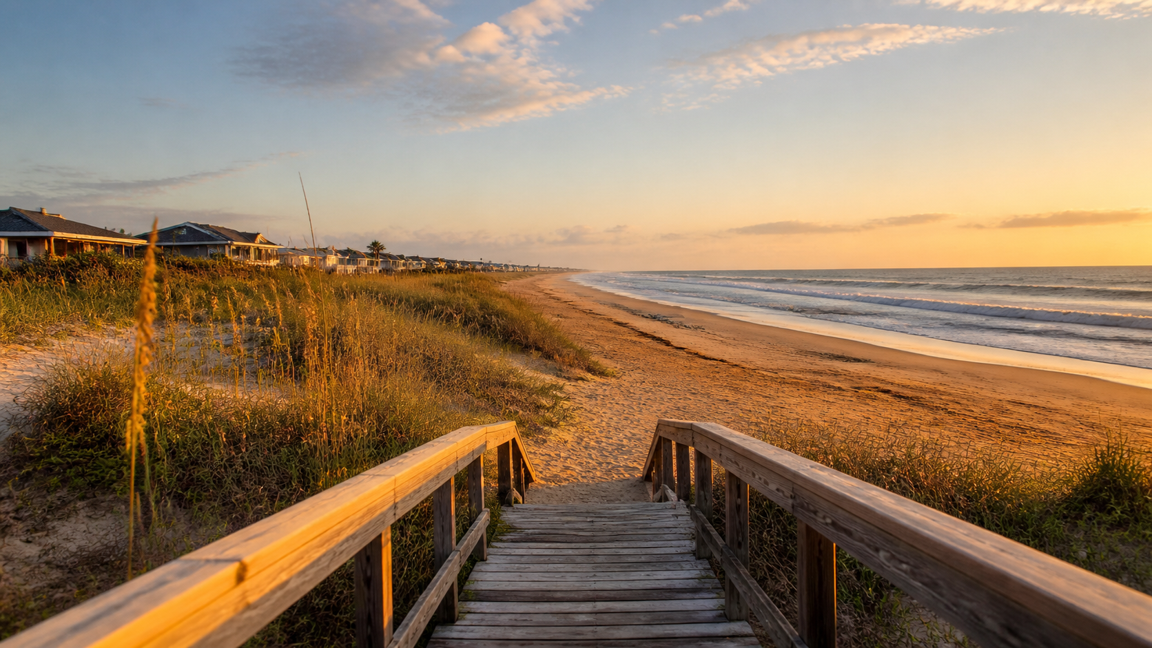 Illustrative Flagler Beach shoreline with cinnamon-toned sand, dunes and a wooden access walkover