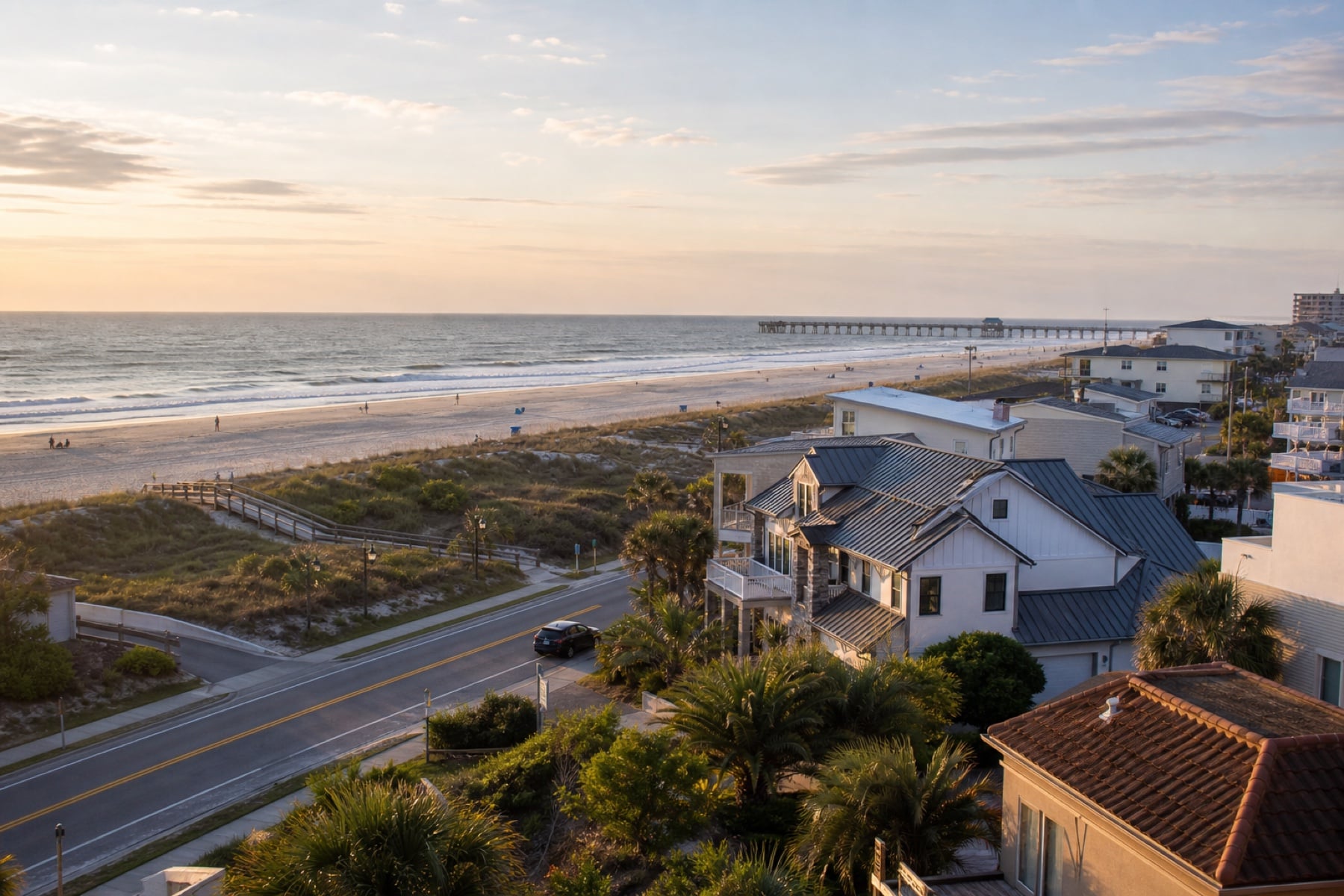 Jacksonville Beach shoreline, fishing pier and oceanfront at golden hour