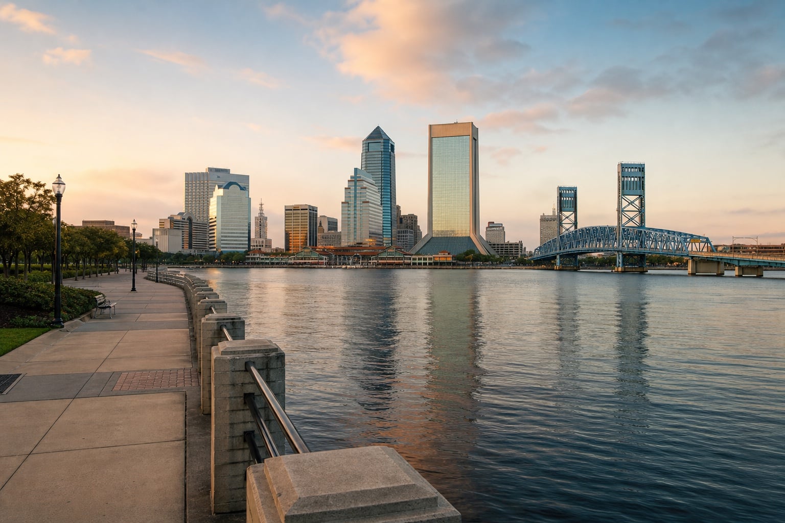 Downtown Jacksonville skyline, St. Johns River and Main Street Bridge at sunrise