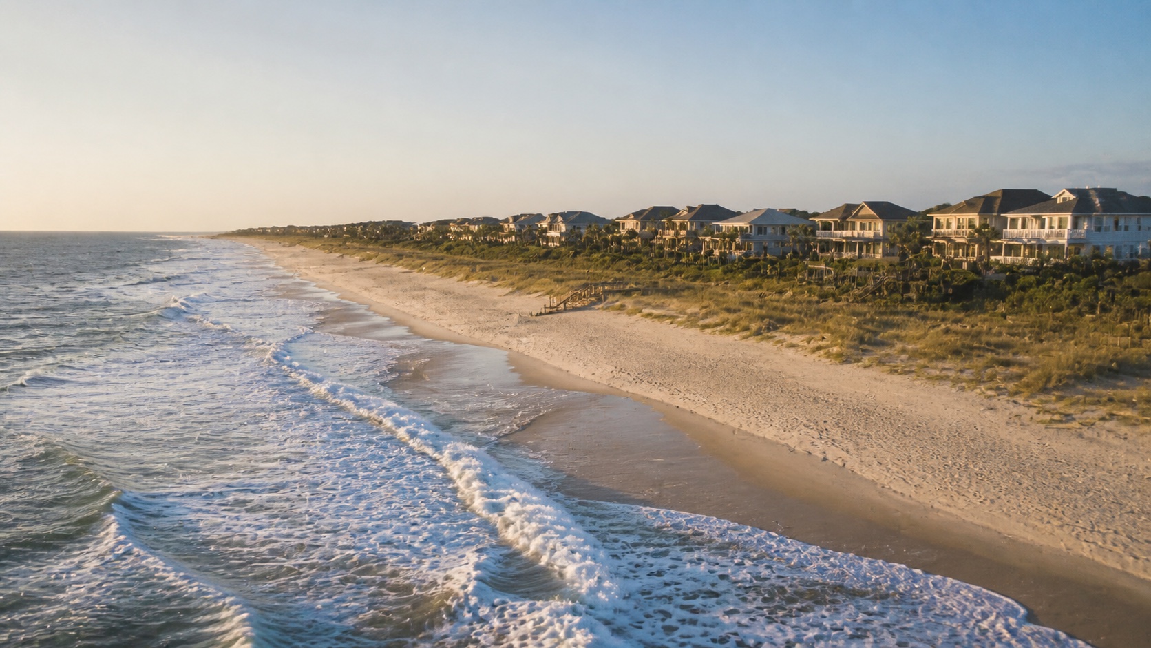 Ponte Vedra coastline, dunes and coastal homes in early morning light