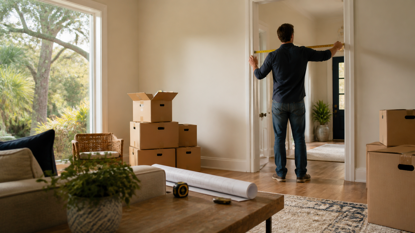 A homeowner measuring a doorway while planning a move into a larger Northeast Florida home