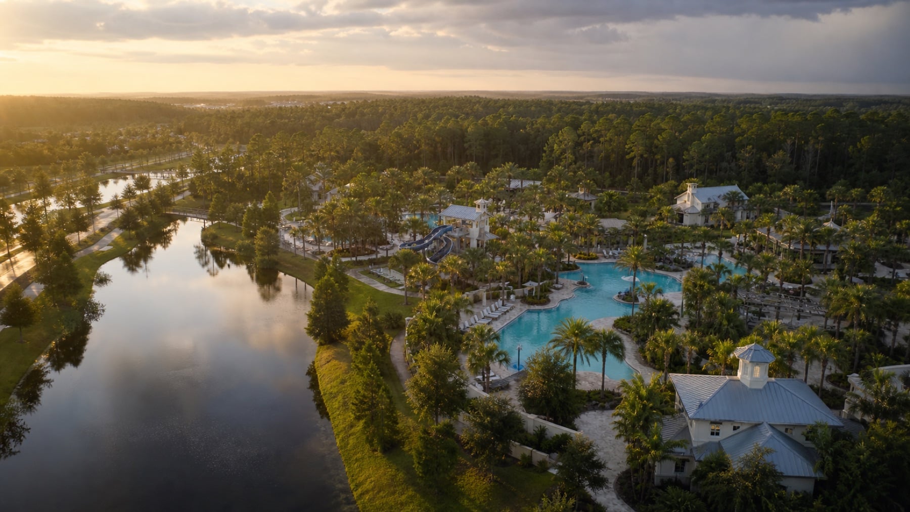 Lakefront park, walking trail and modern homes in Nocatee at golden hour
