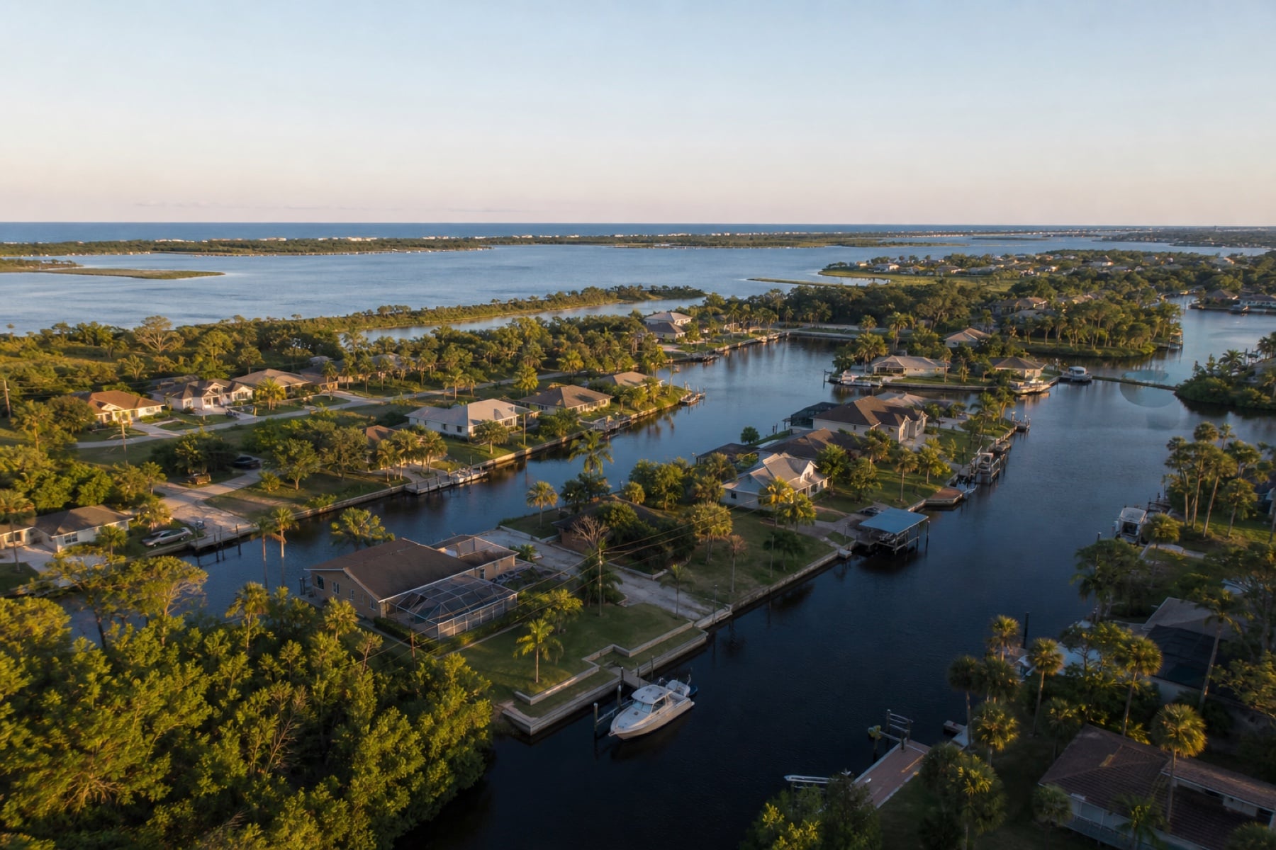 Waterfront canal homes and palms in Palm Coast at golden hour