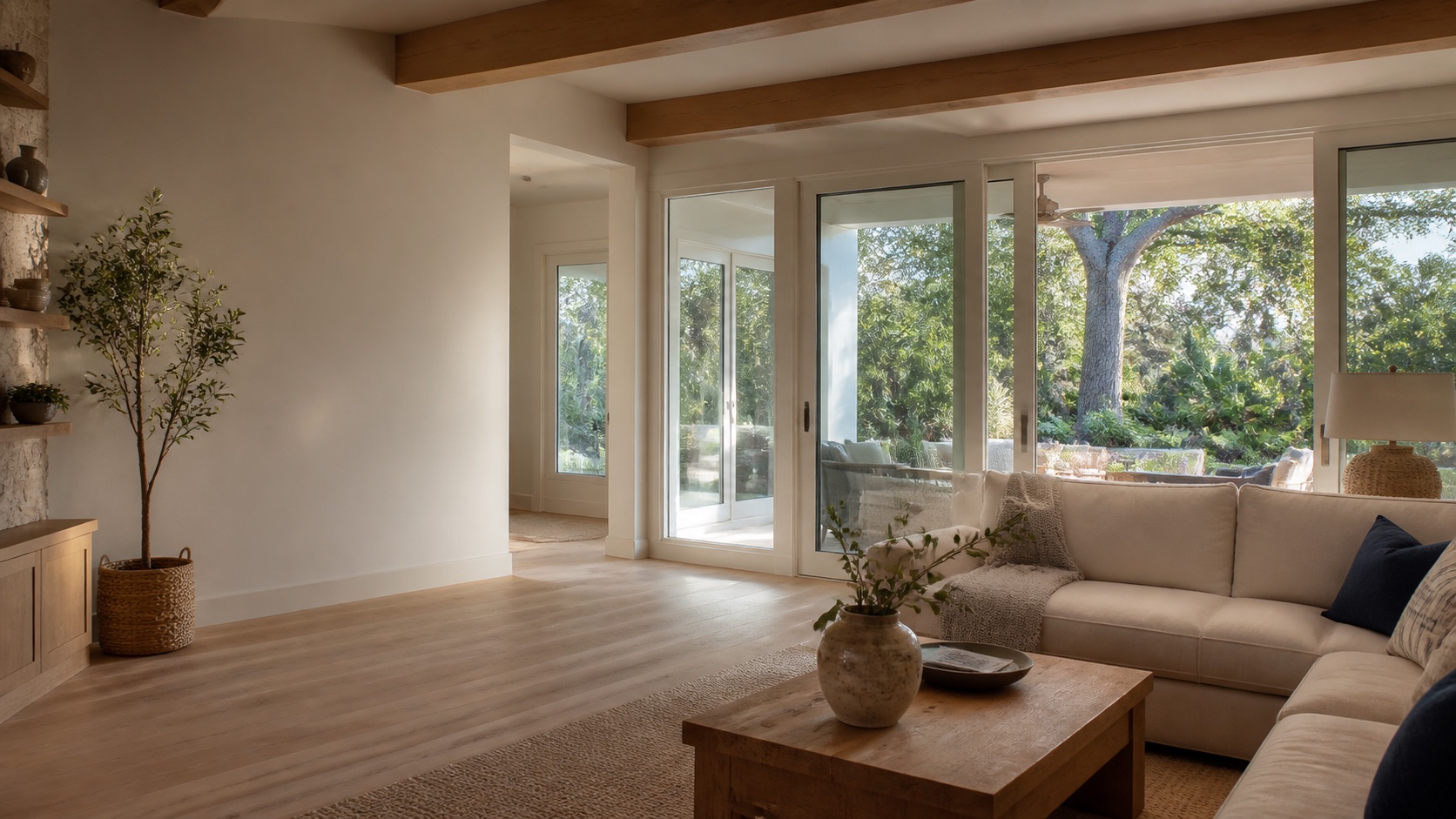 Staged coastal-contemporary living room in a Northeast Florida home prepared for sale