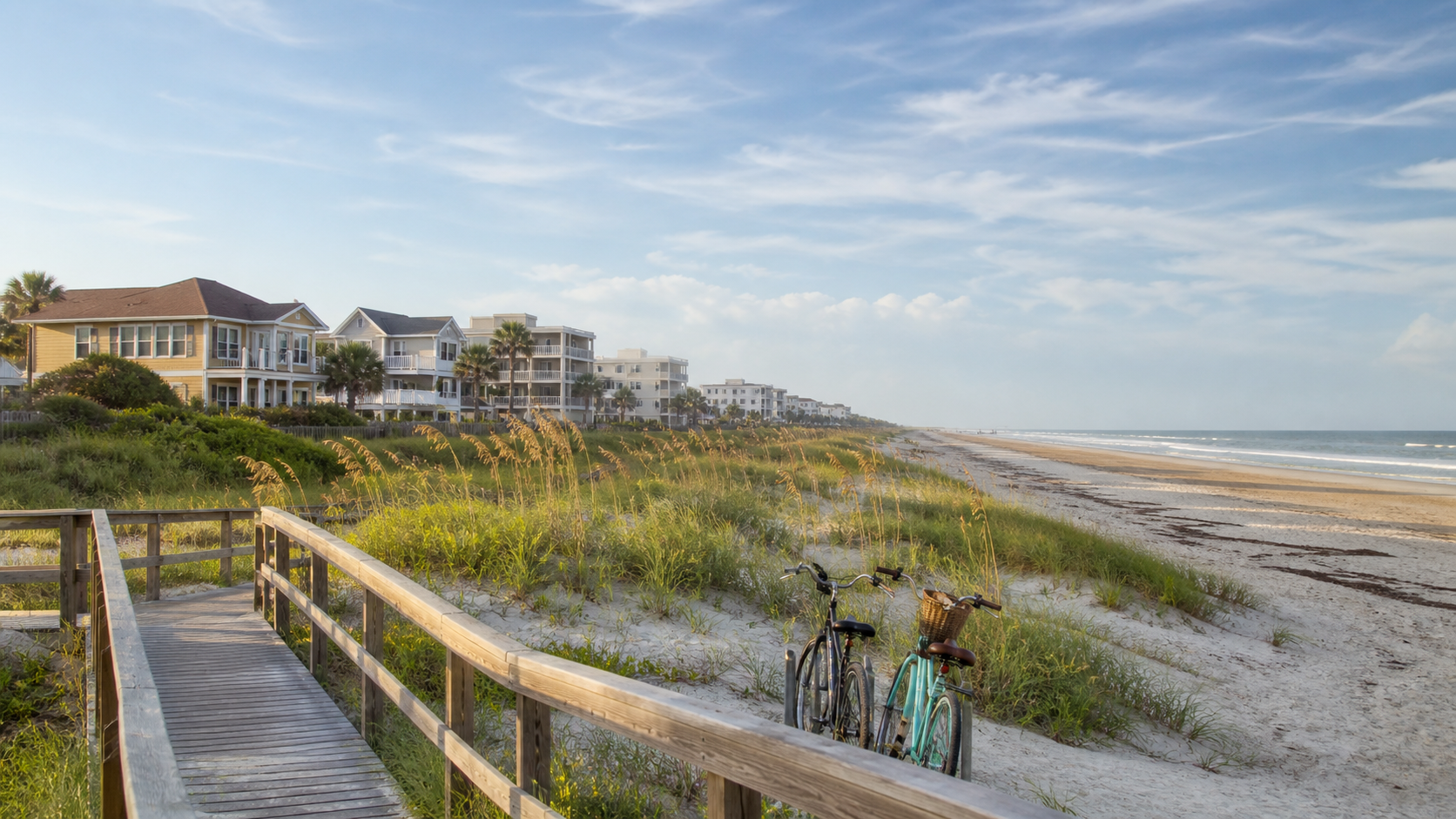 Illustrative St. Augustine Beach residential shoreline with dunes, a walkover and coastal homes