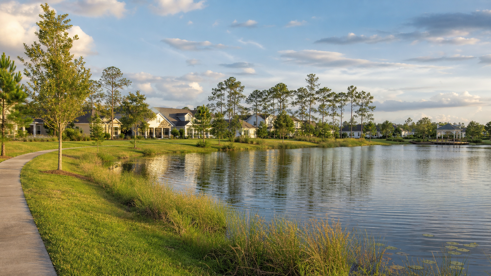 Illustrative TrailMark neighborhood landscape with homes, a pond and a pedestrian trail
