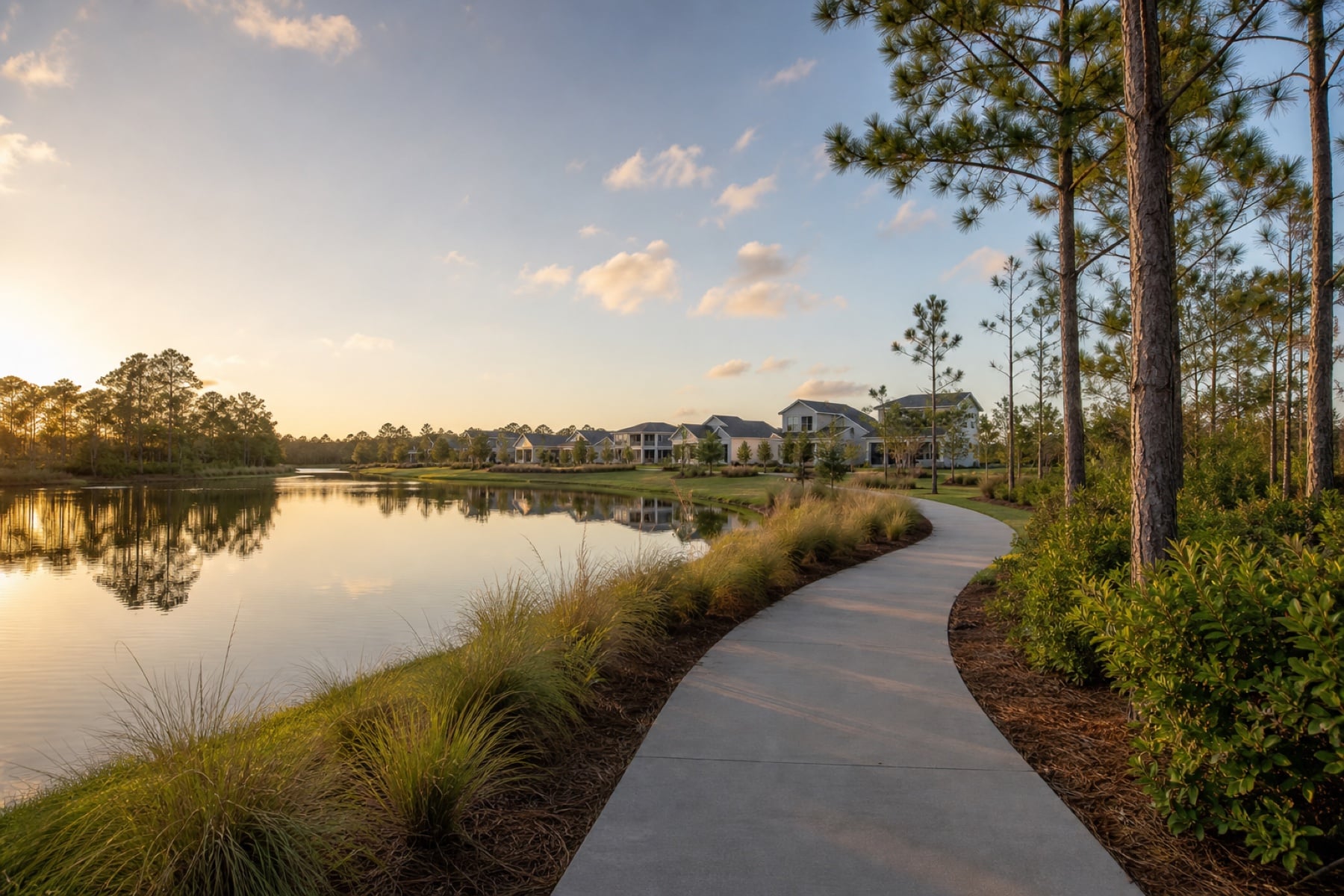 Lake, walking trail and neighborhood homes in TrailMark at golden hour