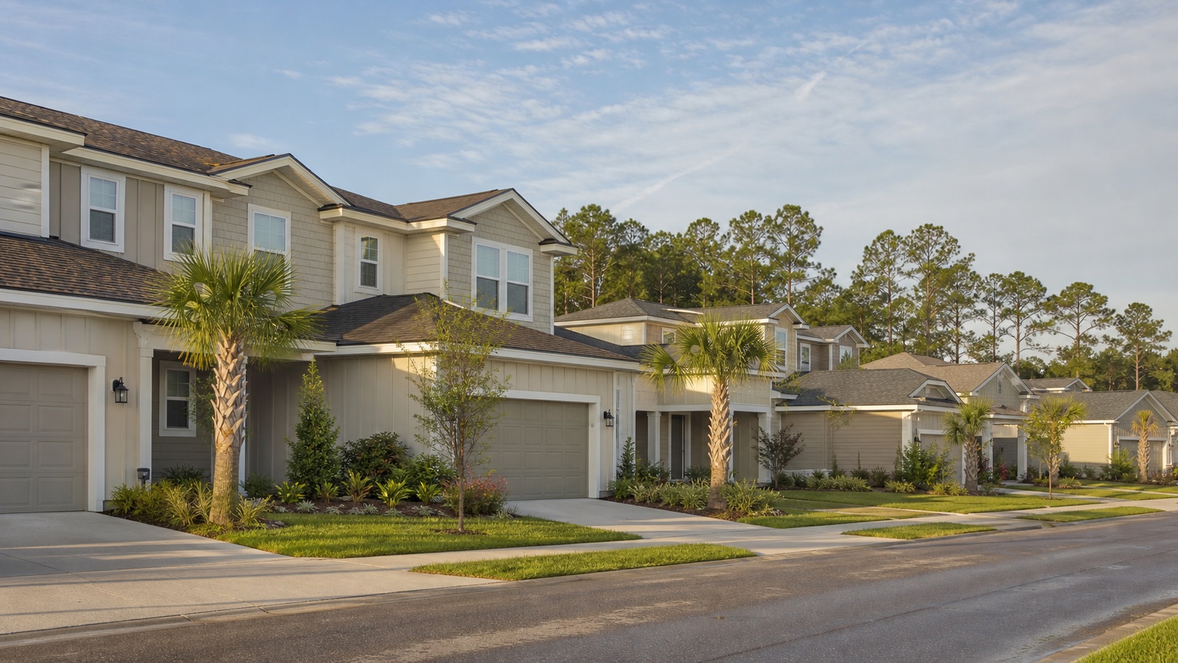 Waterford Lakes at SilverLeaf townhomes and homes in morning light