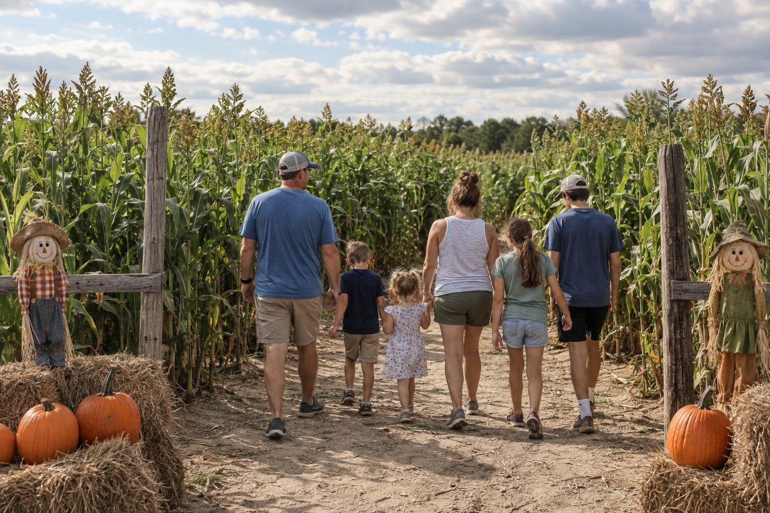 Illustration of a family walking toward a Florida farm maze and pumpkins
