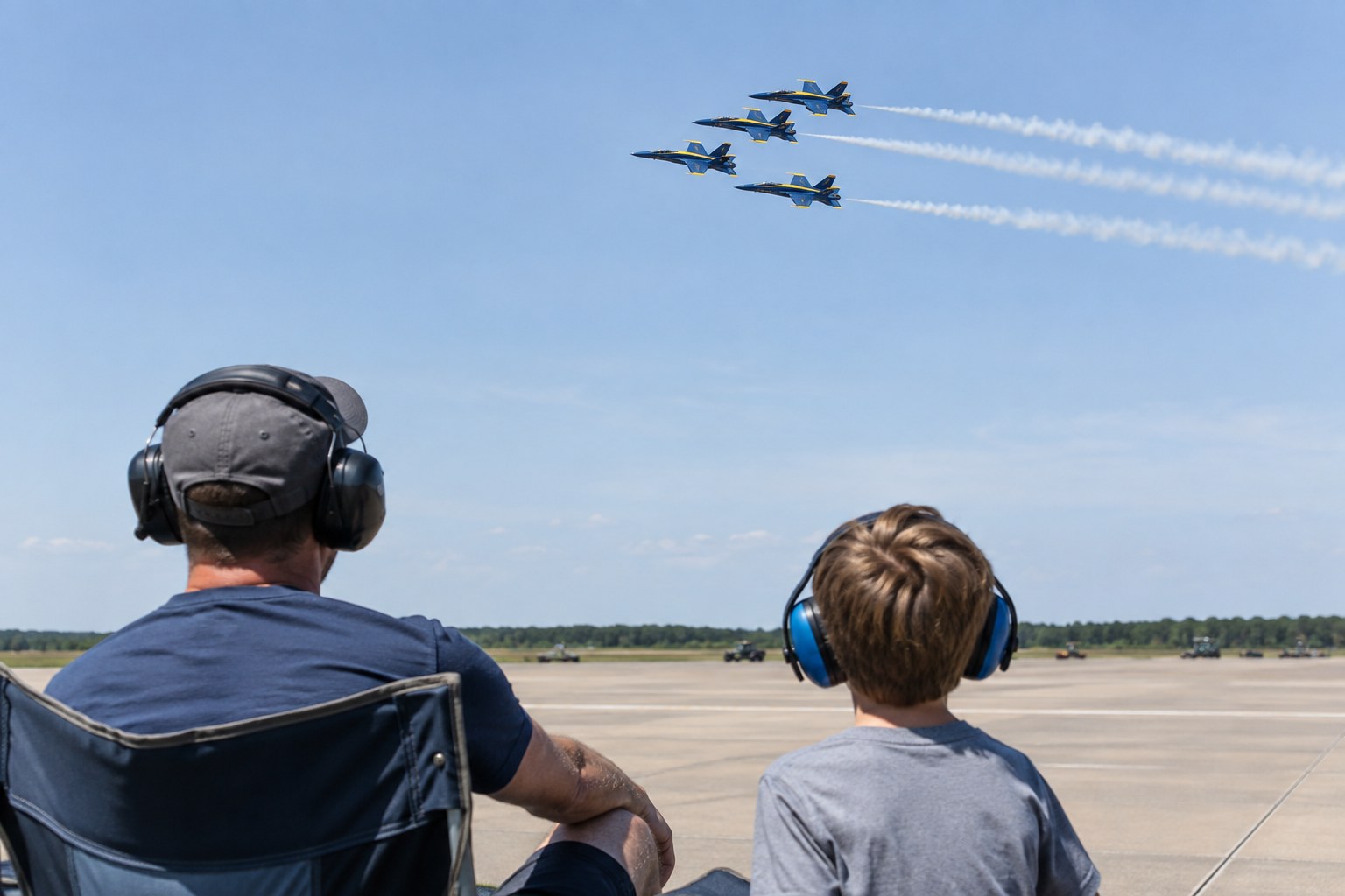 Illustration of a parent and child wearing hearing protection at a Blue Angels air show