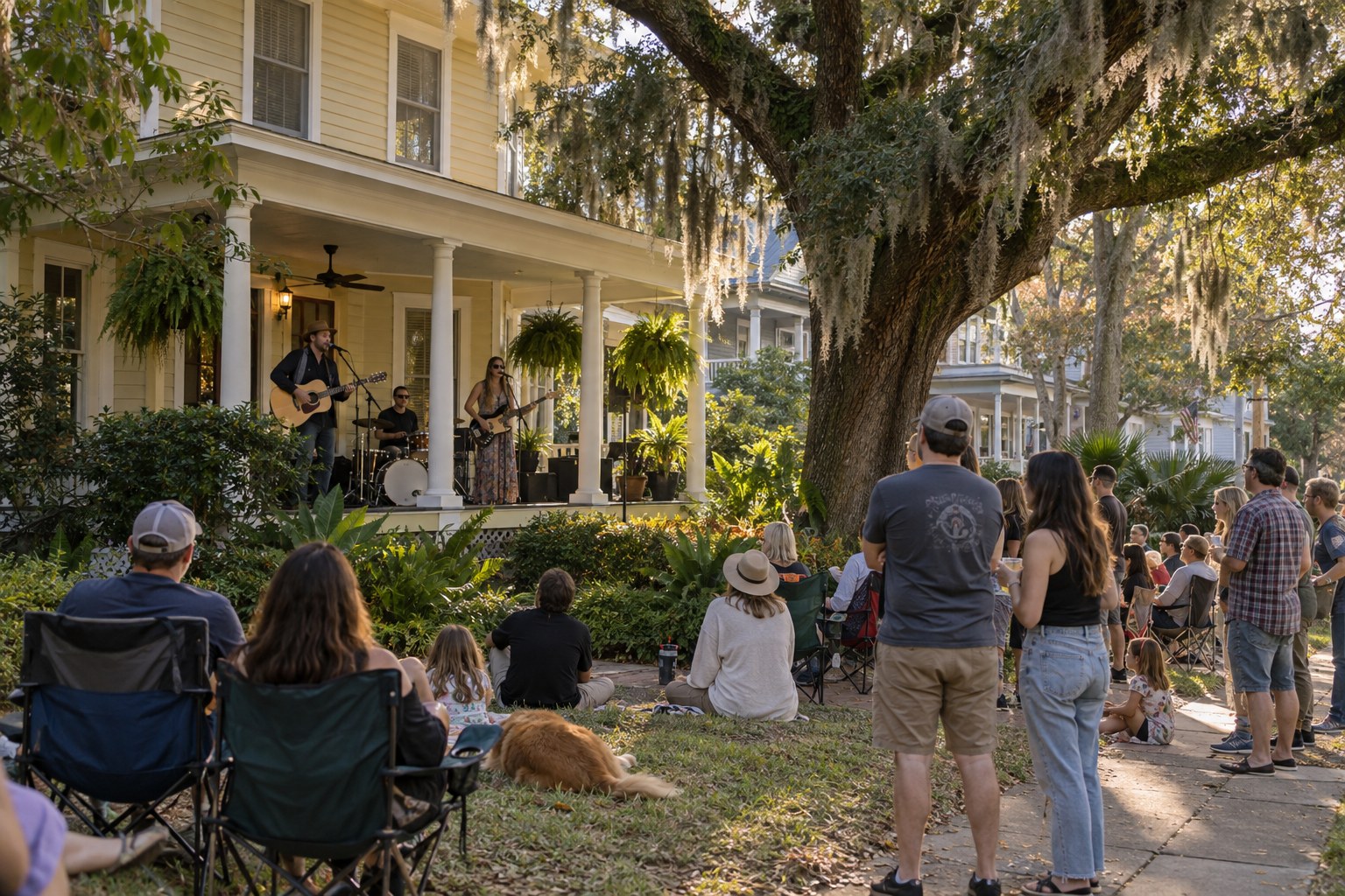 Illustration of neighbors listening to a band on a Springfield-style front porch