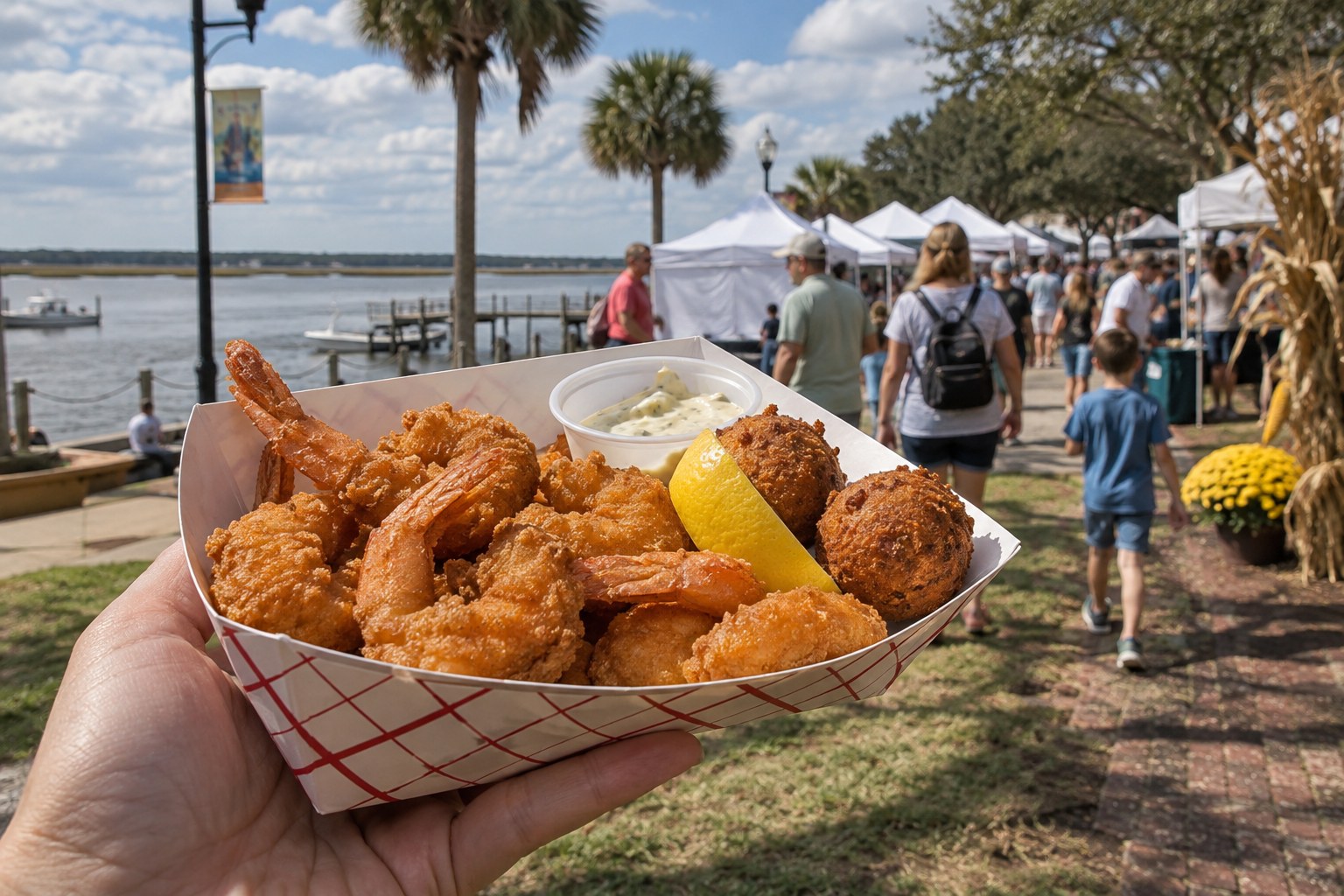 Illustration of a casual seafood plate at a coastal festival beside the St. Marys waterfront