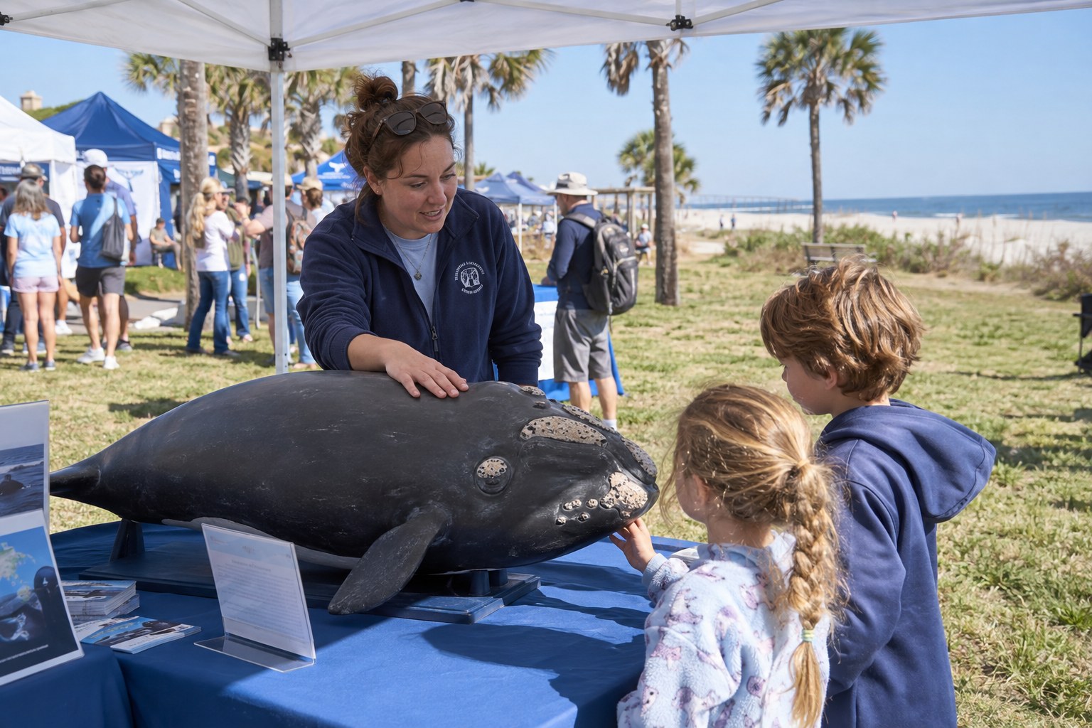 Illustration of children exploring a whale education model at a seaside conservation festival