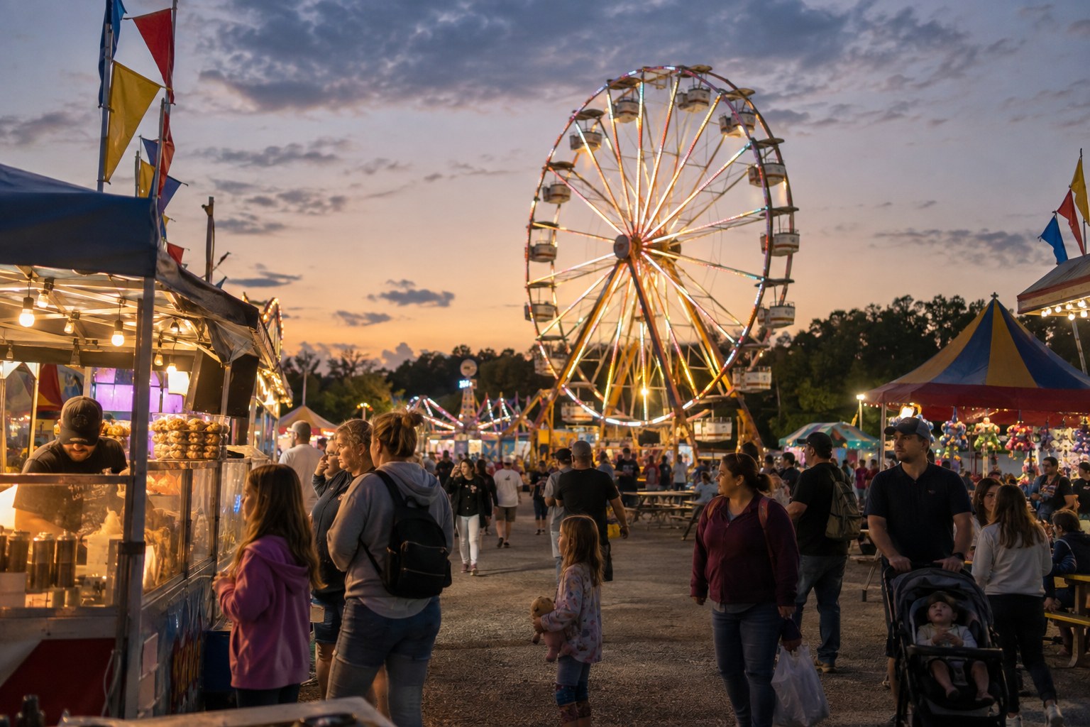 Illustration of families strolling a fair midway with a Ferris wheel at dusk