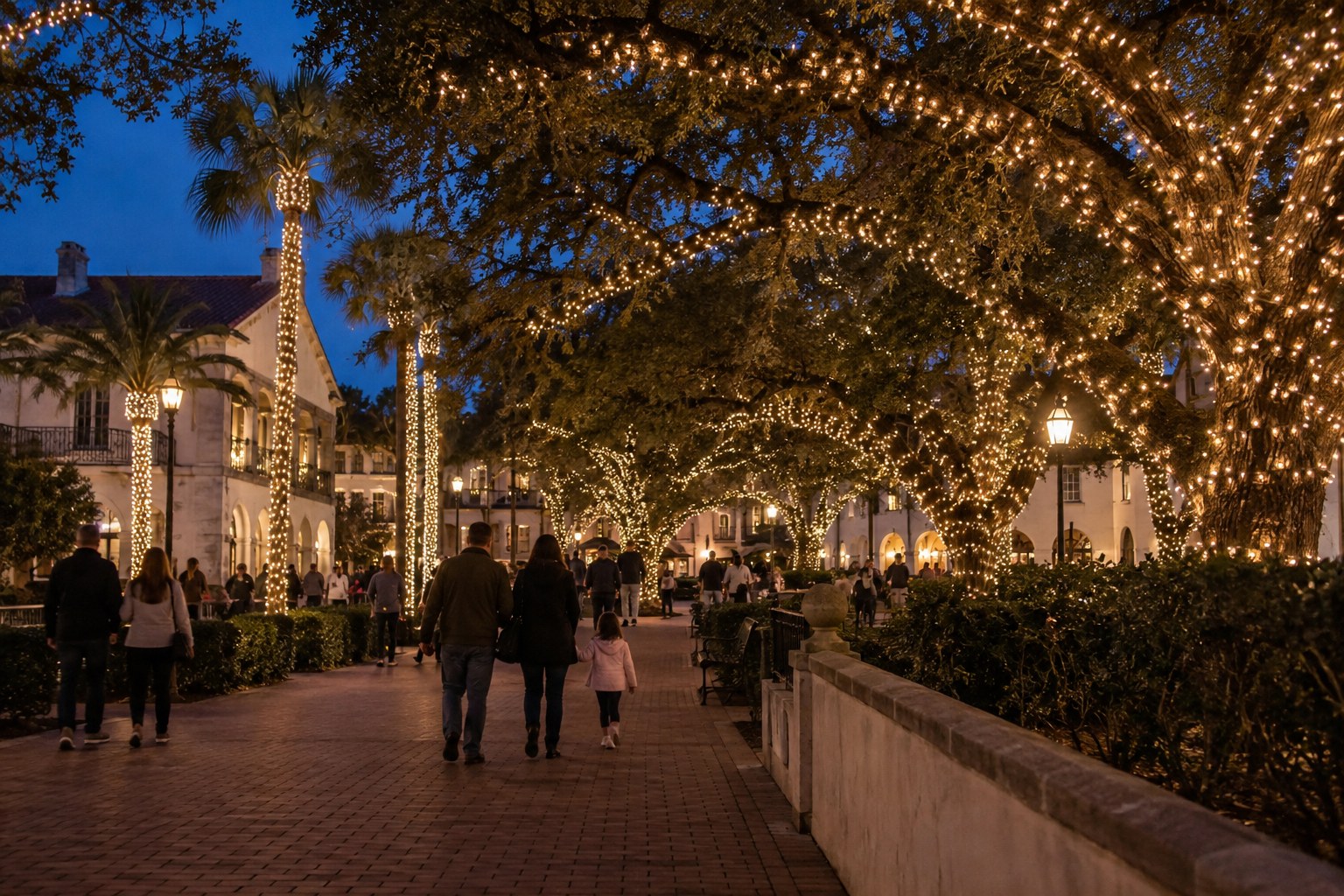 Illustration of a family walking beneath warm white holiday lights in historic St. Augustine