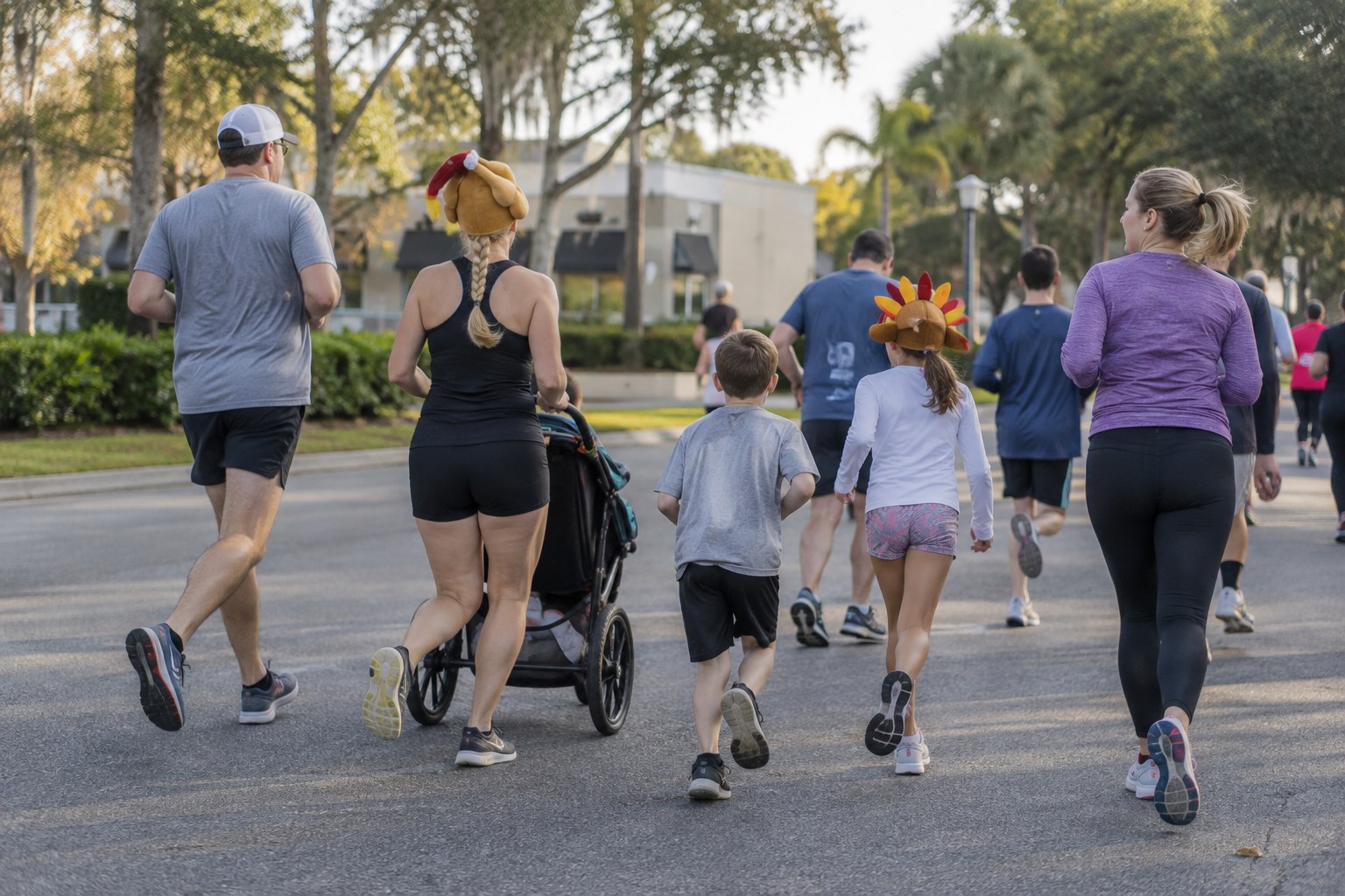 Illustration of families in turkey hats at a neighborhood Thanksgiving morning fun run