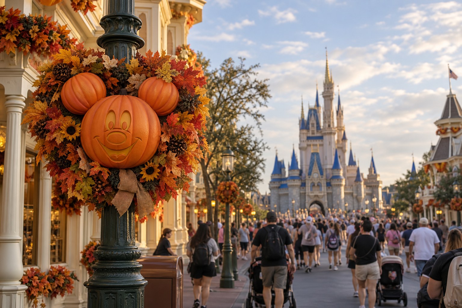 Illustration of fall pumpkin decorations on Main Street at Magic Kingdom