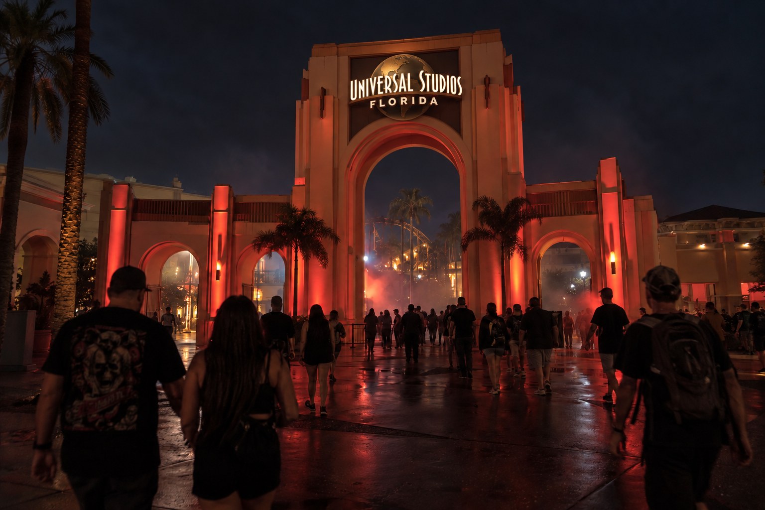 Illustration of adults approaching a red-lit Universal-style park entrance at night
