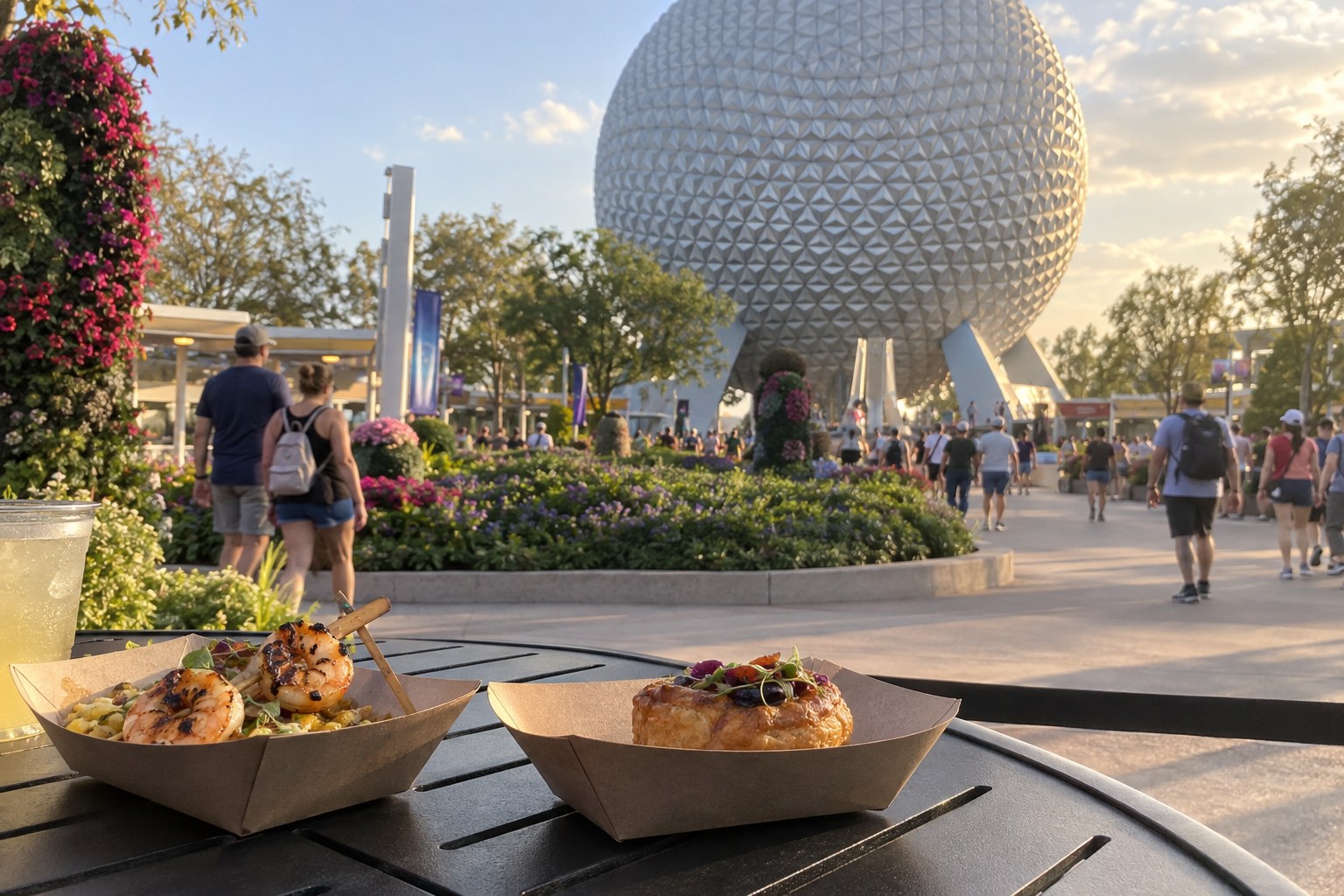 Illustration of Spaceship Earth and modest festival tasting plates at EPCOT