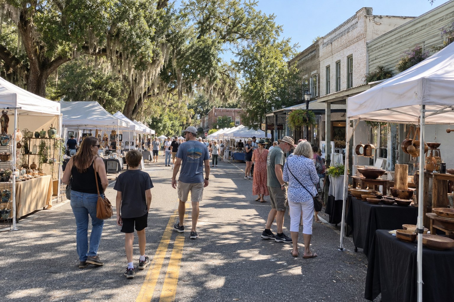 Illustration of shoppers browsing craft tents on a moss-draped Micanopy street