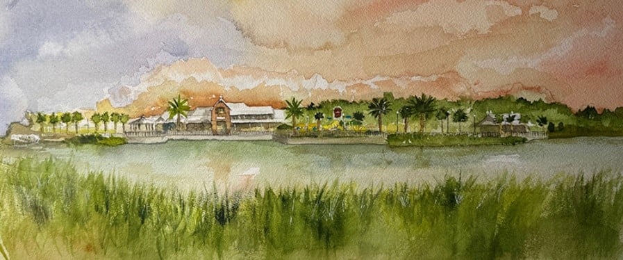 Official Agricola conceptual rendering of buildings and landscaping beside a lake