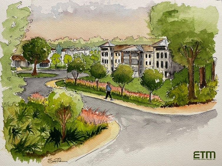Official Agricola conceptual streetscape rendering showing homes, a sidewalk and landscaping, with the ETM mark