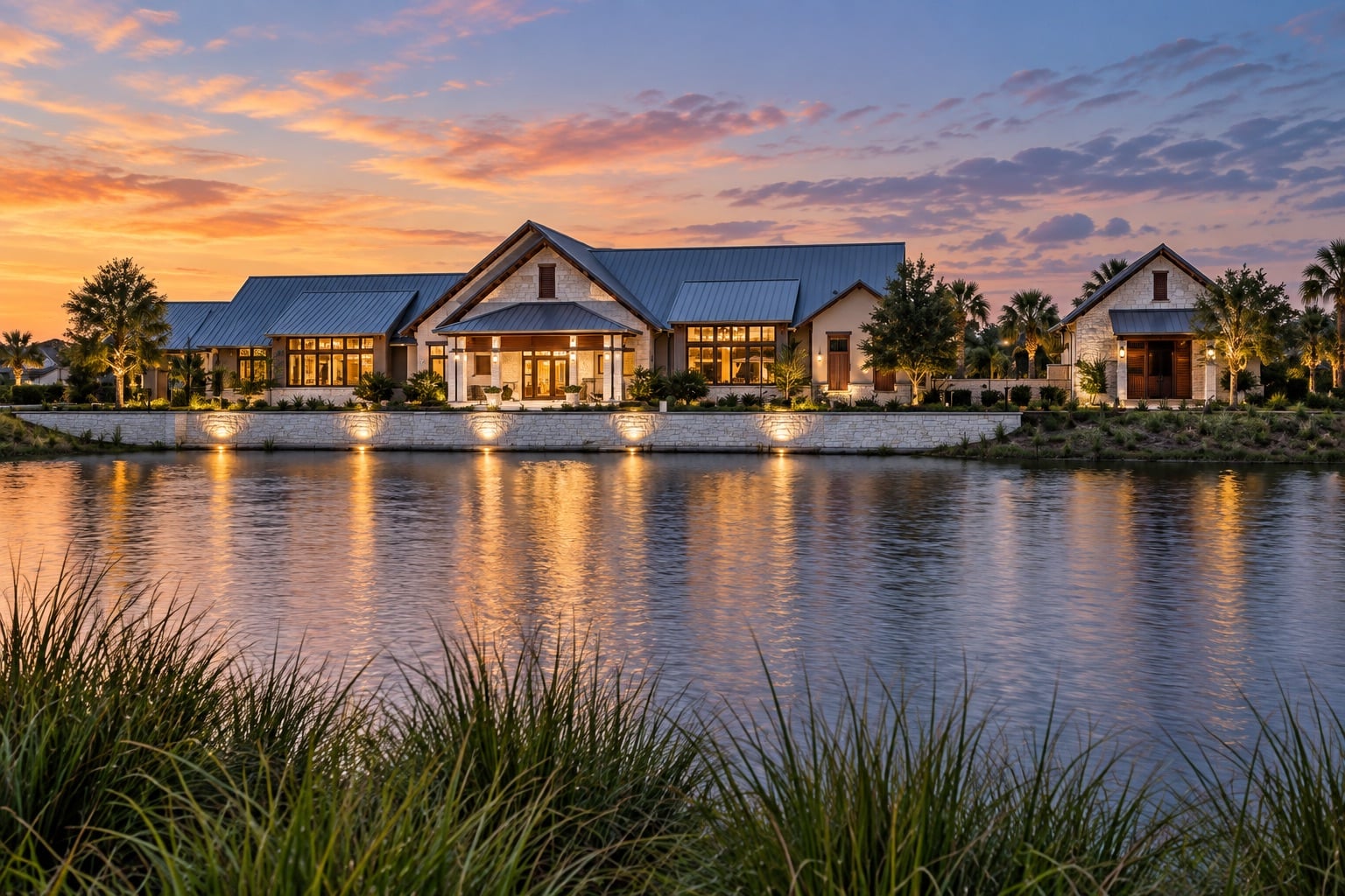 AI-assisted interpretation of a Northeast Florida community lodge at dusk from Amy’s video