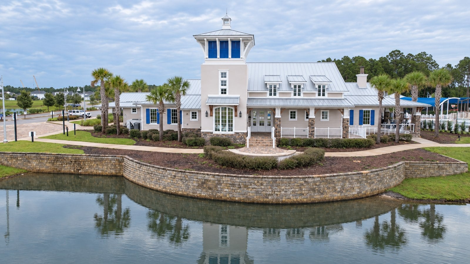 SilverLeaf clubhouse overlooking the pond, based on Amy’s on-location footage