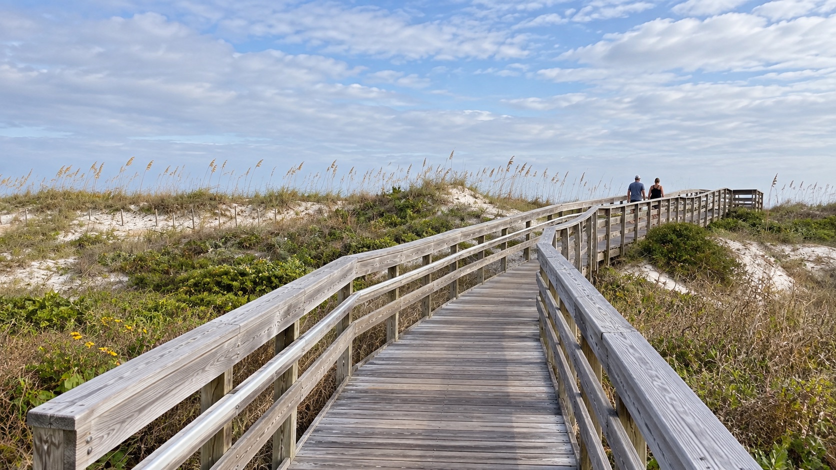 A wooden beach boardwalk crossing low dunes at Anastasia State Park