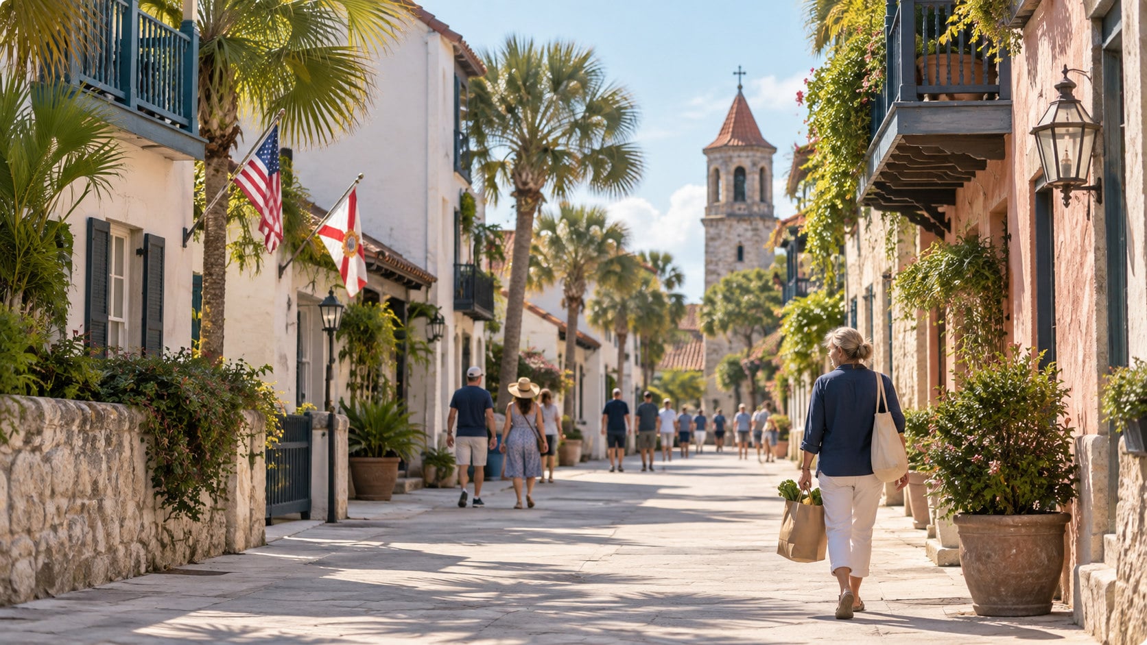 AI-generated illustration of a St. Augustine historic street with pedestrians and Florida homes, inspired by Amy Howell’s video