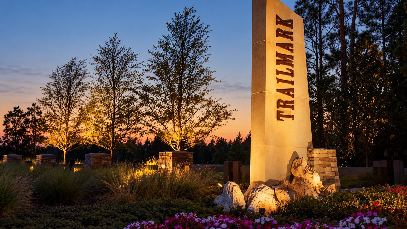 TrailMark entrance monument and illuminated trees