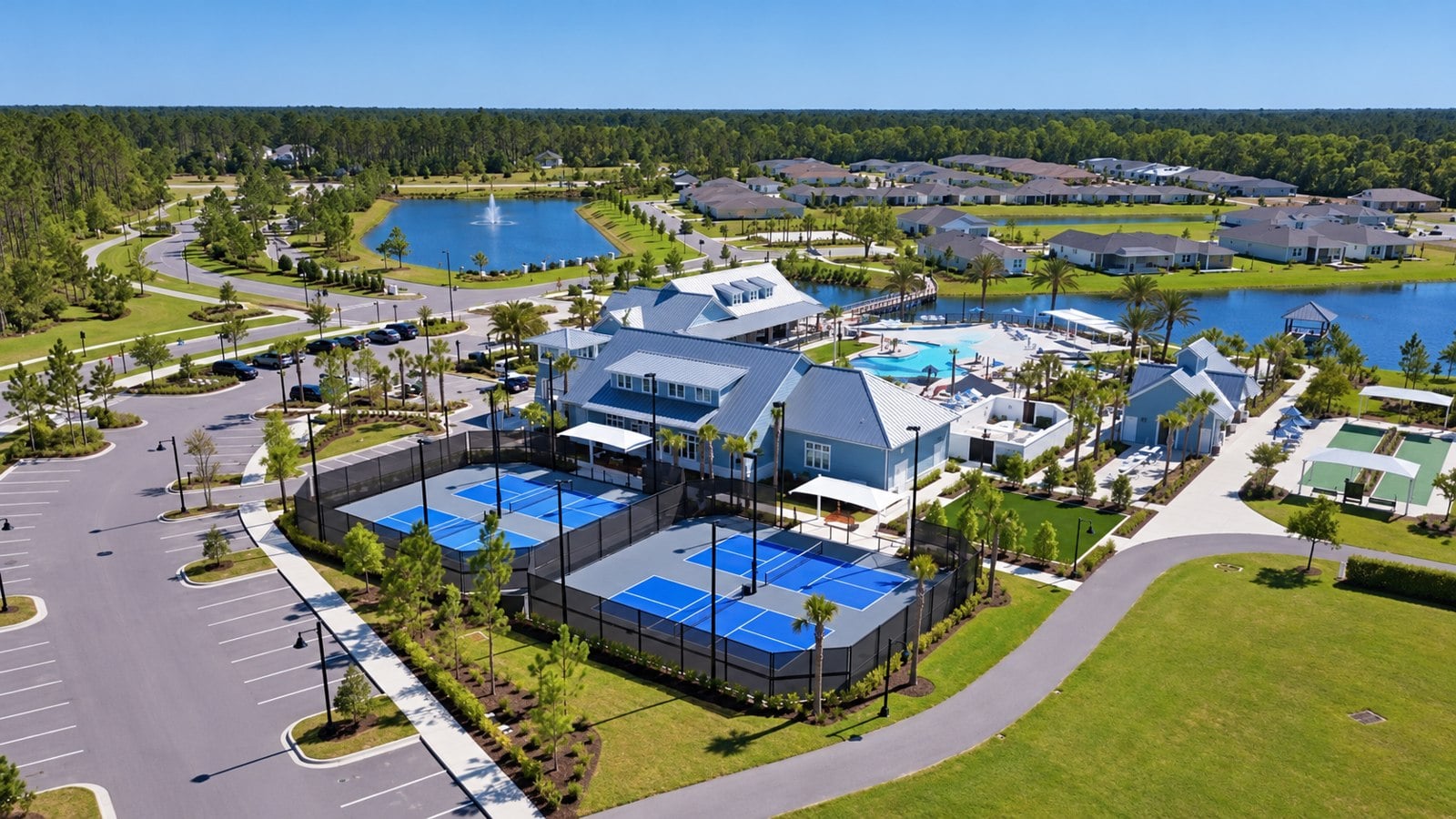 WaterSong clubhouse and courts in its RiverTown setting