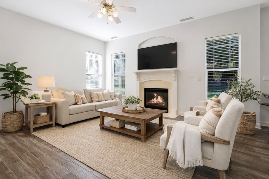Modern farmhouse living room with fireplace