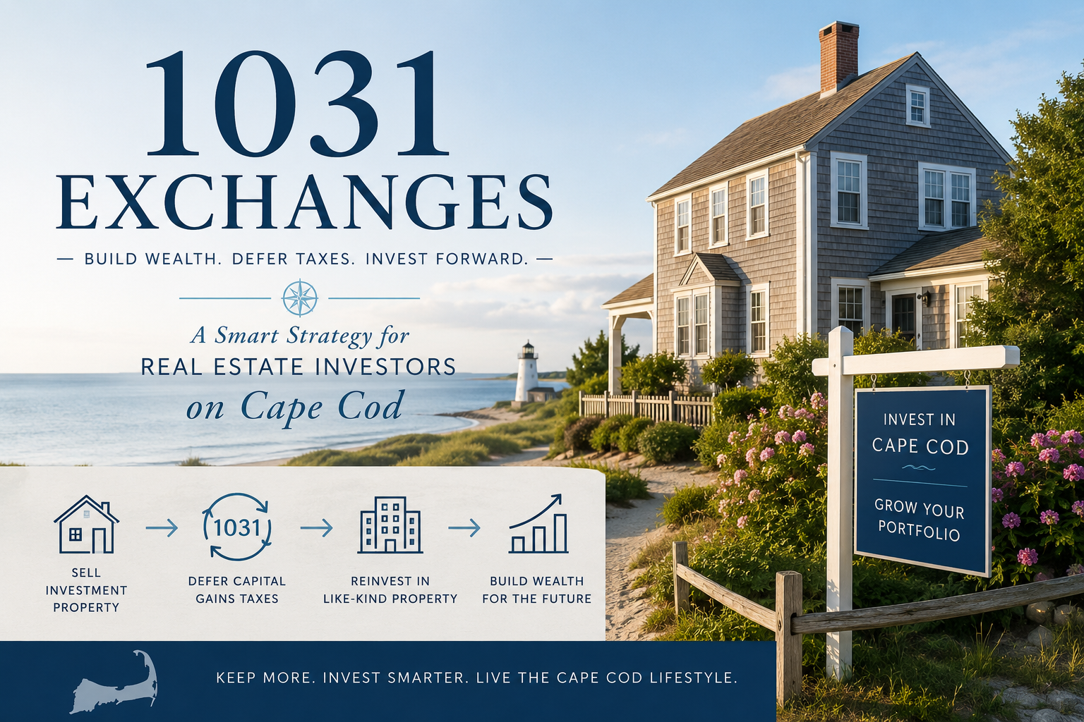 Cape Cod beachfront investment property with lighthouse and coastal home, illustrating a 1031 exchange strategy for real estate investors looking to defer taxes and reinvest in Massachusetts real estate.