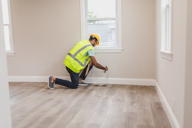 a property inspector wearing a yellow reflective vest checking vents