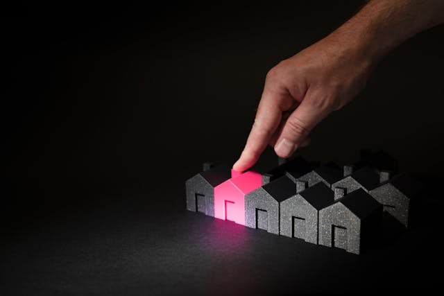 a person pointing to a red house in a group of black ones