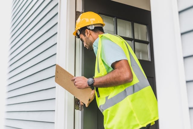 person in a hard hat conducting a home inspection