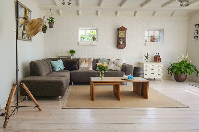 Living room with grey l-shaped couch