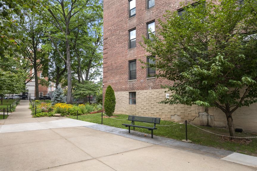 Bench at the of the building