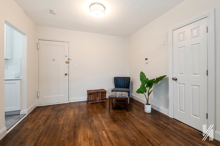 Room with 2 doors and a single sofa with a plant on the side