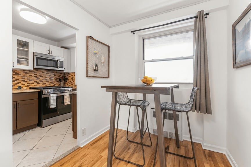 Dining Area and Kitchen at 35-50 85th Street, Unit 7H, a co-op apartment in Jackson Heights, Queens (11372).